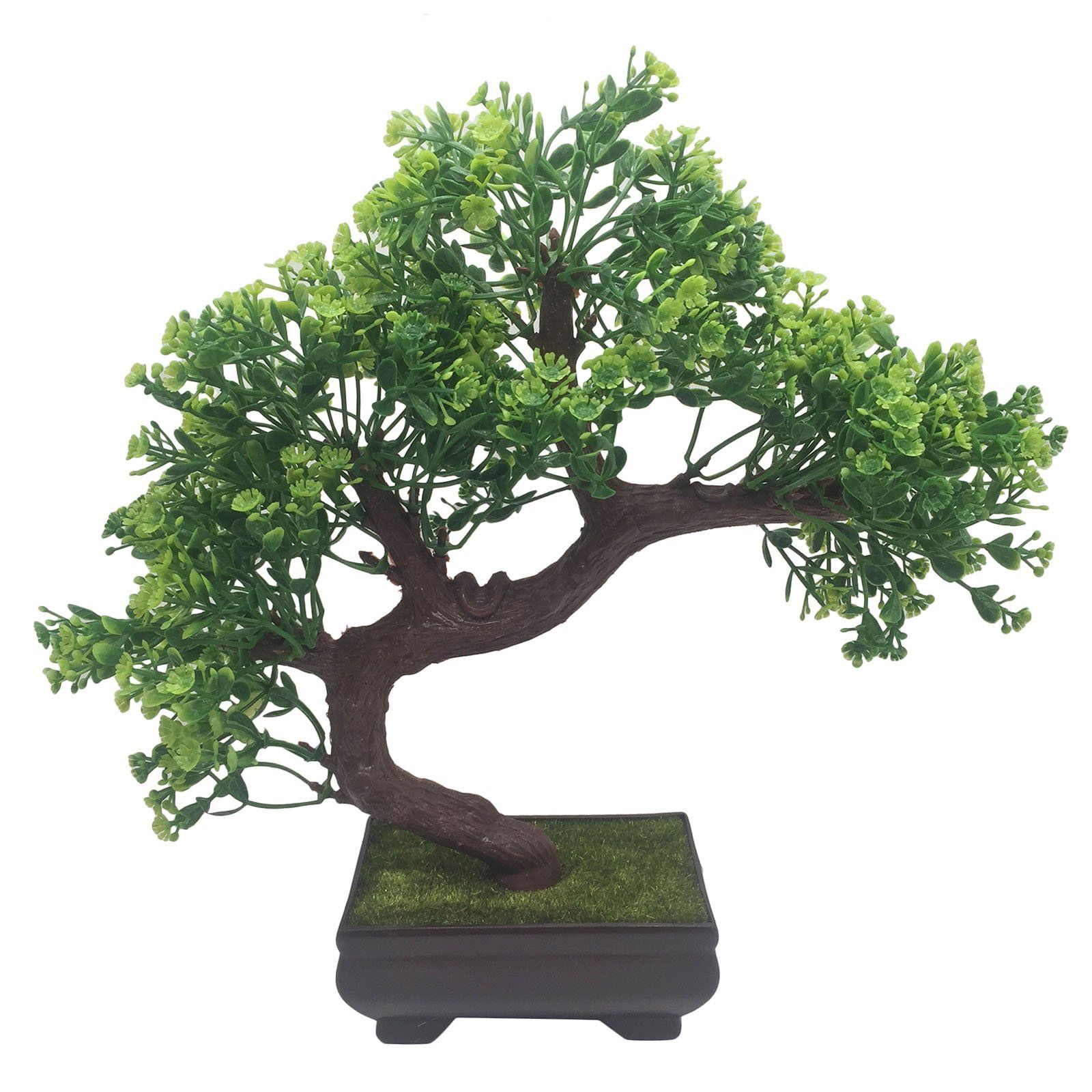 FOLIYAJ Bent Artificial Bonsai Tree with Green Leaves and Green Flowers