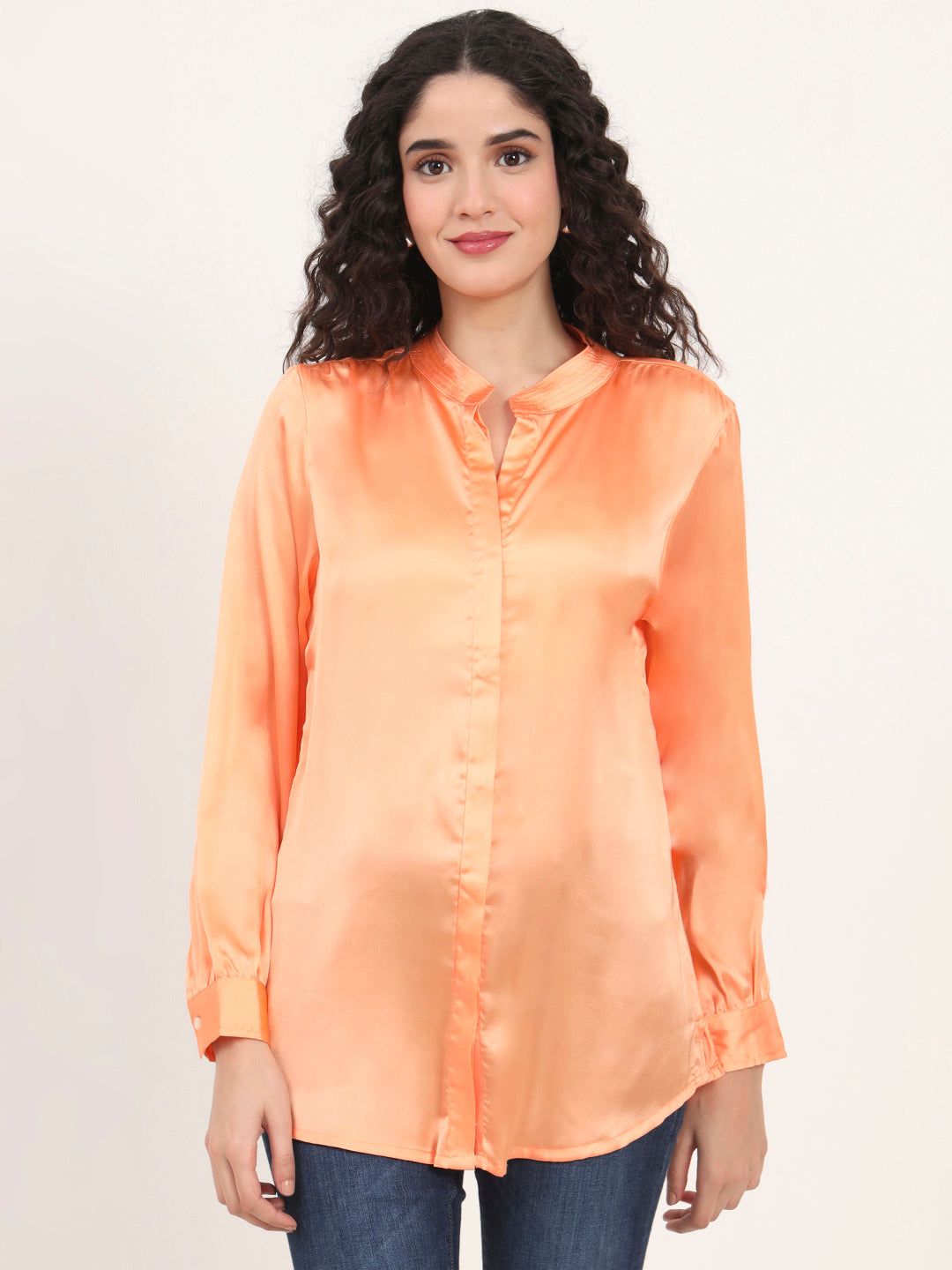 Summer Satin Crimson Orange Mandarin Collar Shirt-L / CRIMSON ORANGE