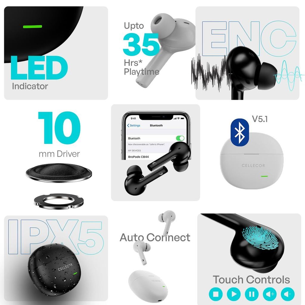CELLECOR BroPods CB44 TWS with 35 Hours Playtime, ENC, Insta Wake N' Pair, HD Sound, 13mm Driver, Truly Wireless (Grey)