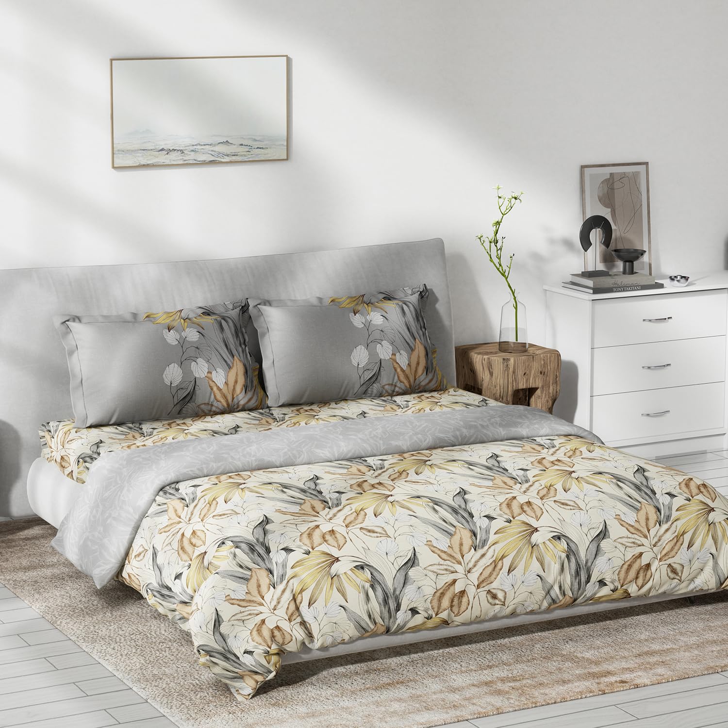 DDECOR - Primary Collection 100% Cotton Leaves Pattern 145TC King Bedsheet |254 CM X 274 CM|, Quilt and with 2 Pillow Covers - Yellow