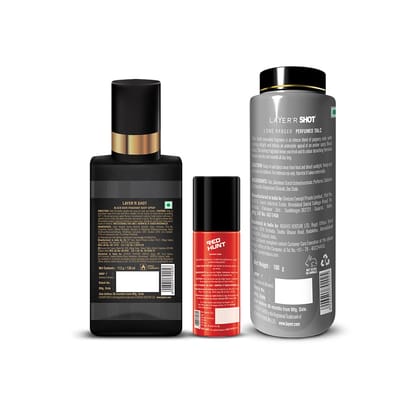 Layer'r Shot Fragrant Body Spray For Men- Pack of 3 | Black Noir (130ml), Long Ranger Perfumed Talc (100 g) & Red Hunt Shaving Foam (50ml) | Long-Lasting & Skin-Friendly Premium Fragrance | Perfect For all occasions | Idea Gift For Men