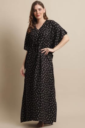 Black Color Floral Printed Viscose Rayon Kaftan-ONESIZE