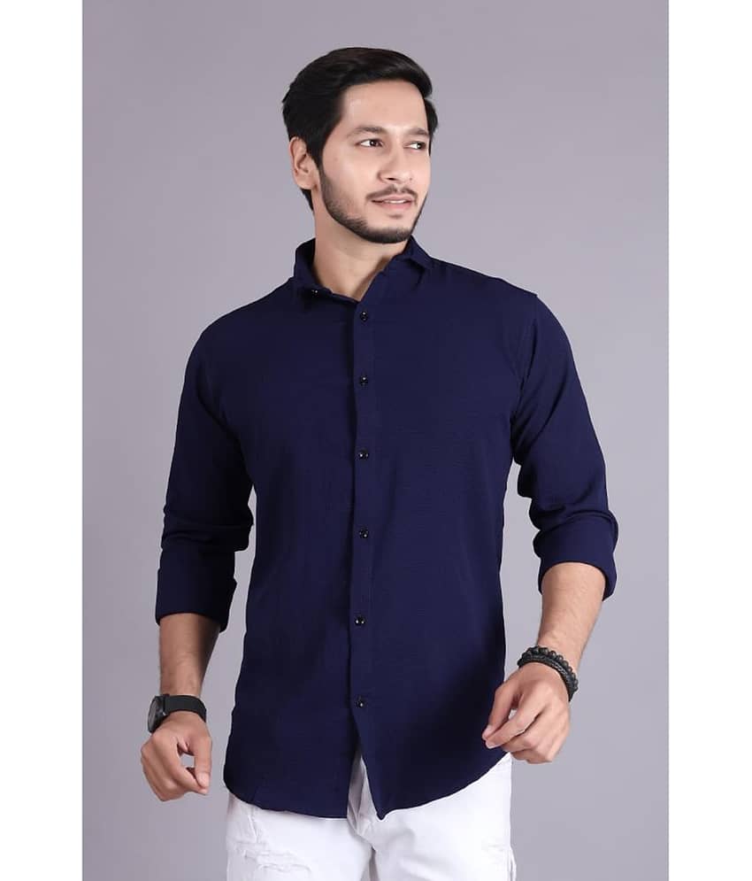 Generic Cotton Blend Slim Fit Popcorn Textured Full Sleeves Men's Casual Shirt - Navy Blue ( Pack of 1 )