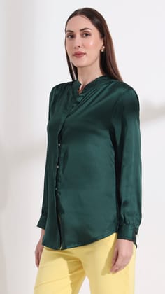 Womens Premium Summer Satin Emerald Green Mandarin Collar Shirt-S / EMERALD GREEN