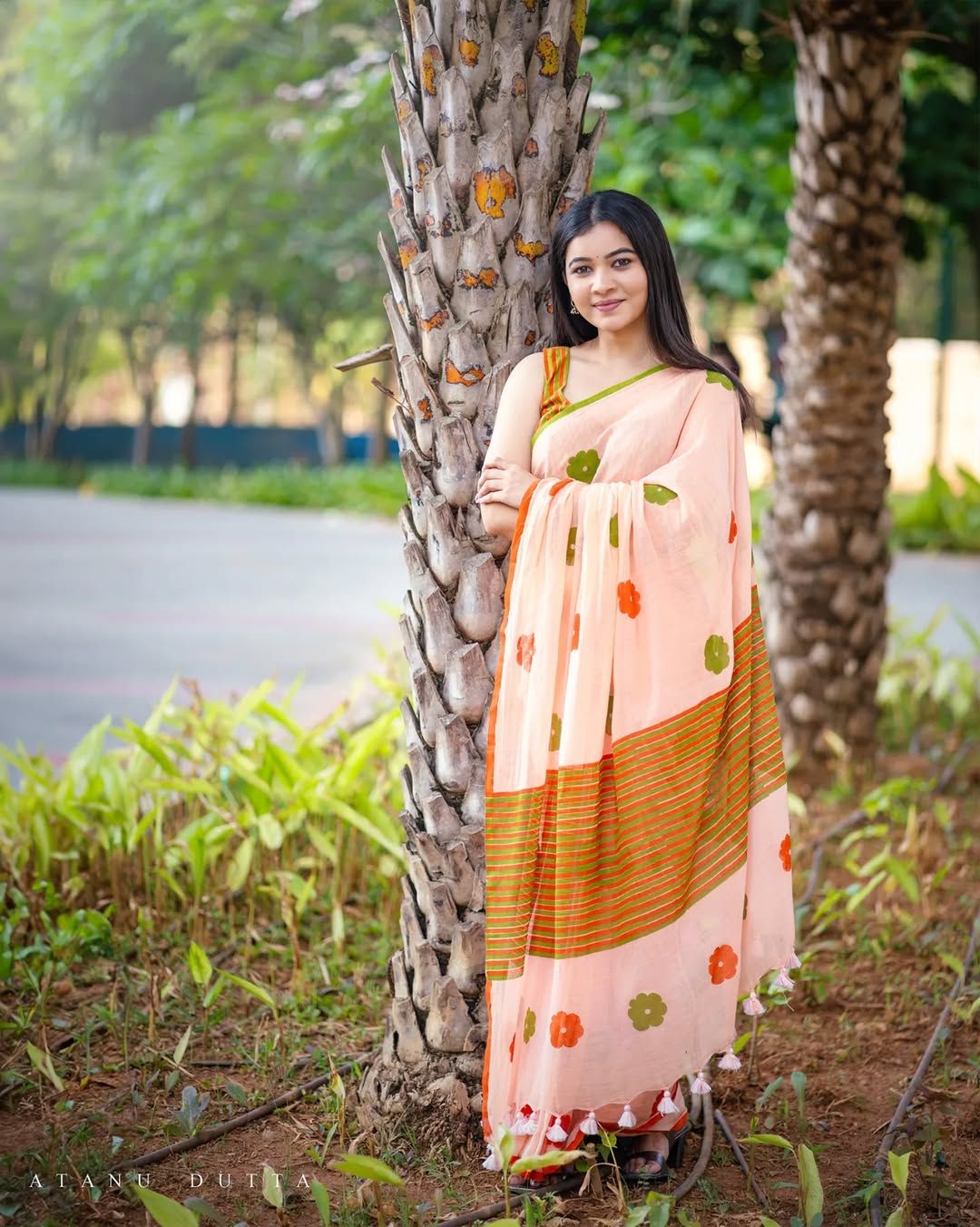 Cream Linen Saree with Vibrant Orange Flowers & Green Stripes | Lightweight Daily Wear