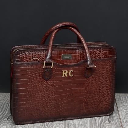 Handcrafted Brown Croco Leather Laptop Briefcase by Brune & Bareskin-FS