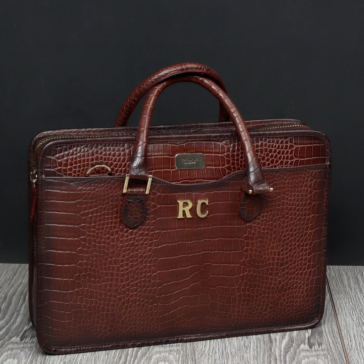 Handcrafted Brown Croco Leather Laptop Briefcase by Brune & Bareskin-FS