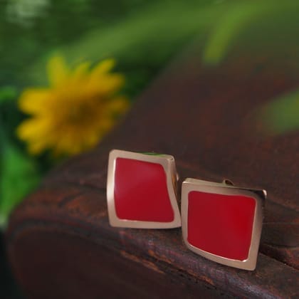 Stainless Steel Rosegold Plated Red Coloured Square Stud Earring-STNER 2853