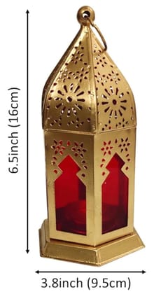 Brown Moroccan Hanging Or Table Lamp For Candles, Tea Lights Or Diyas Alloy Metal Frame With Red Translucent Sides, Vintage Gold, Medium (12736C)