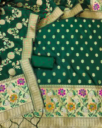 Noor-e-Banaras Brocade Weaving Lichi Silk Green Suit