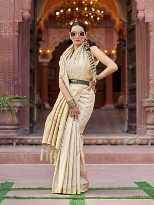 Cream Soft Silk Kanjivaram Zari Jacquard Work Designer Saree