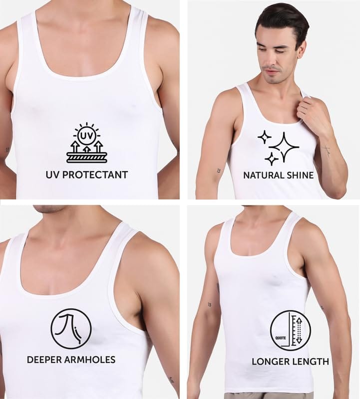 Freecultr Cotton Vest for Men Sleeveless Lightweight Solid Round Neck Comfort Vests Breathable & Comfortable Innerwear Sando for Man Regular Fit Pack of 1-White