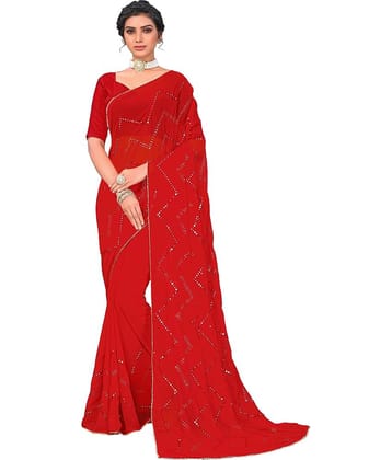 Sariya Georgette Embellished Saree With Unstitched Blouse Piece ( Red )