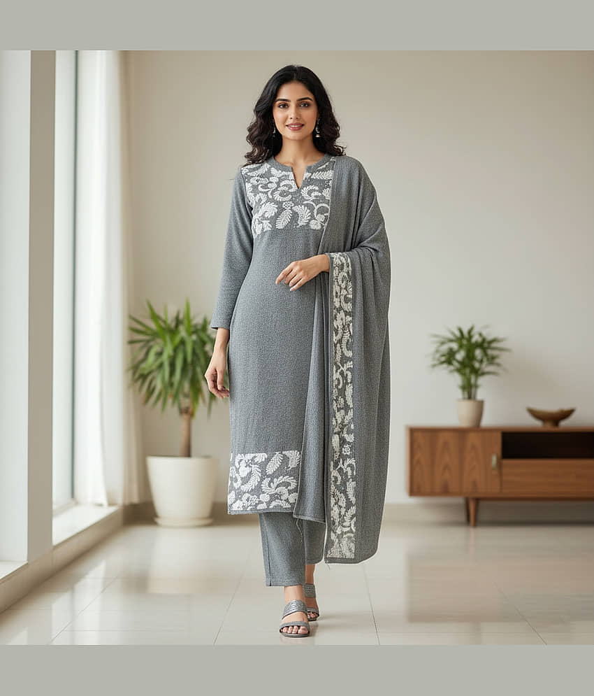 WOOL'S KART Women Woollen Printed A-line Kurti With Palazzo ( Grey )