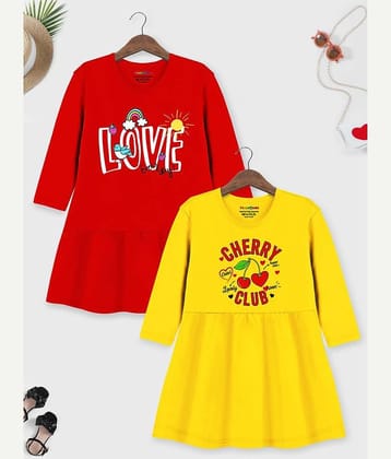 Trampoline Cotton T-shirt Dress For Girls ( Pack of 2 , Red & Yellow )