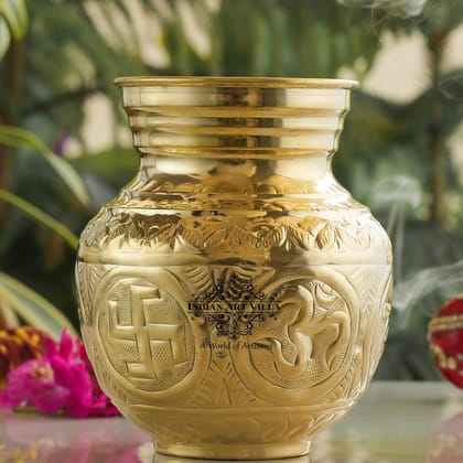 Handcrafted Pure Brass Embossed Design Mangal Kalash, For Pooja & Spiritual Purpose-1600ml