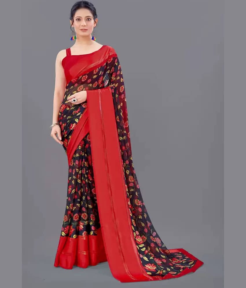Sanjana Silk Georgette Printed Saree With Unstitched Blouse Piece ( Black )