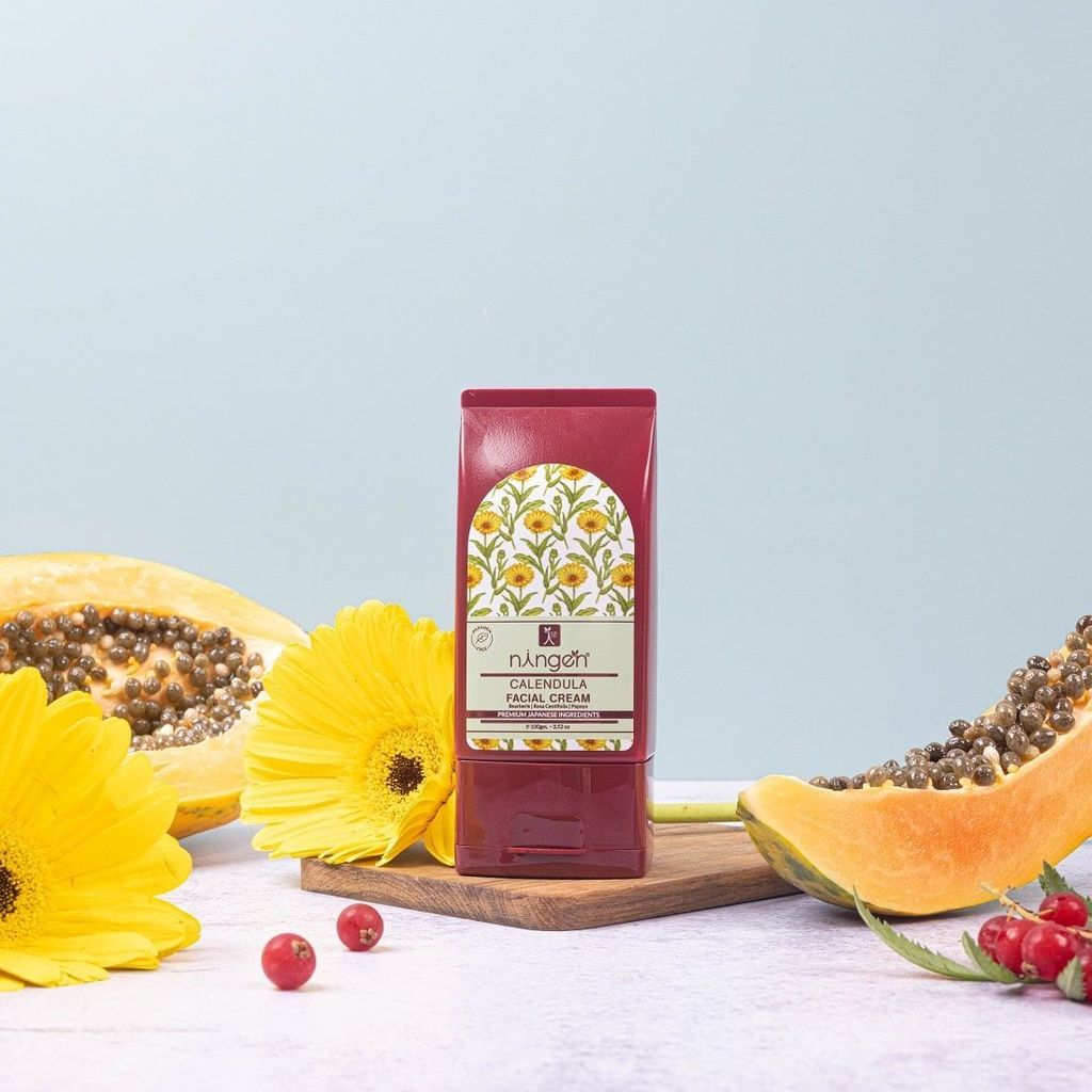 Ningen Calendula Facial Cream I Enriched with Bearberis, Rosa Cantifolia & Papaya I Dermatologically Tested, Paraben Free I For Brighter, Fuller and Softer Skin I 100g