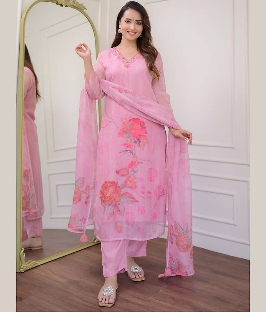 Eeloo Organza Embroidered Kurti With Pants Women's Stitched Salwar Suit - Pink ( Pack of 1 )