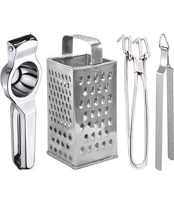 OC9 Silver Stainless Steel Lemon Squeezer+8in1 Grater+Pakkad+Chimta ( Set of 4 )