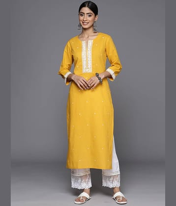 Varanga Cotton Embroidered Straight Women's Kurti - Mustard ( Pack of 1 )
