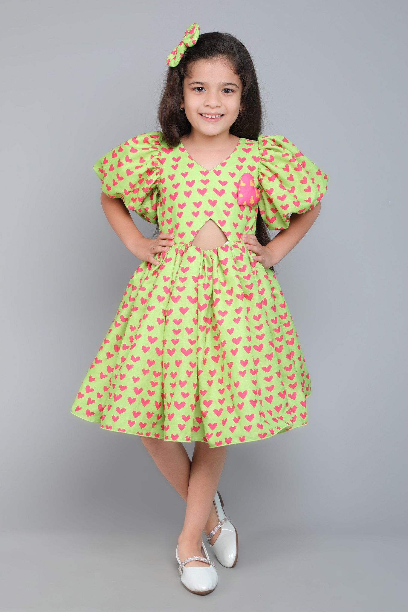 Puff Sleeves Heart Print Cut Out Dress with Matching Clip -Green-1-2Y / Green