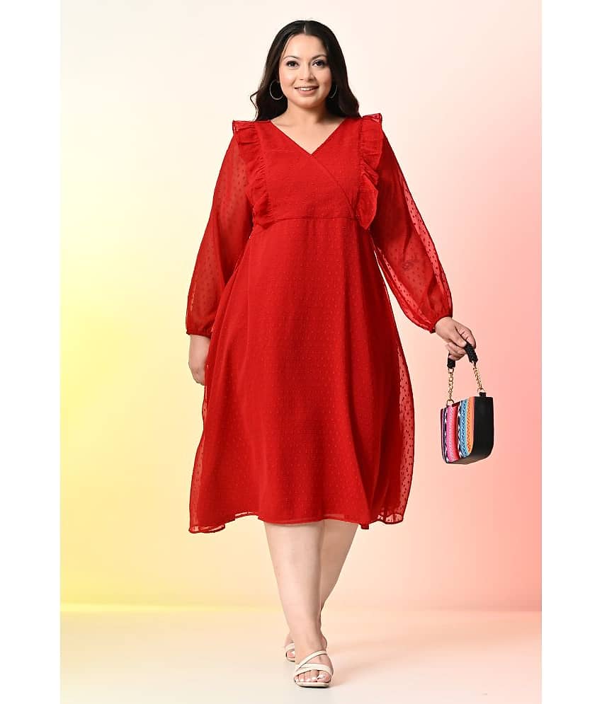 PrettyPlus by Desinoor.com Women Georgette Self Design Fit & Flare Dress ( Red )