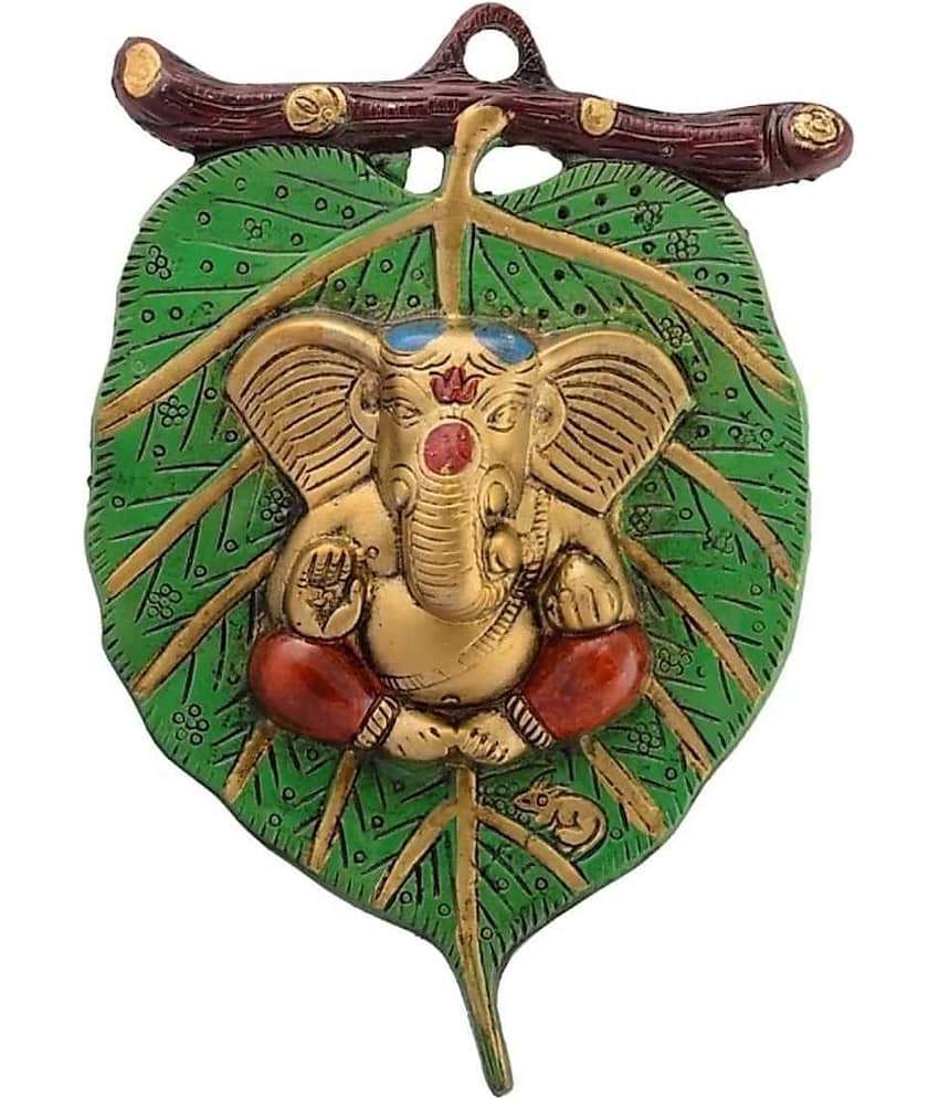 Fashion Bizz Lord Ganesha In Red Dhoti On Green Leaf Wall Hanging - 22 cm