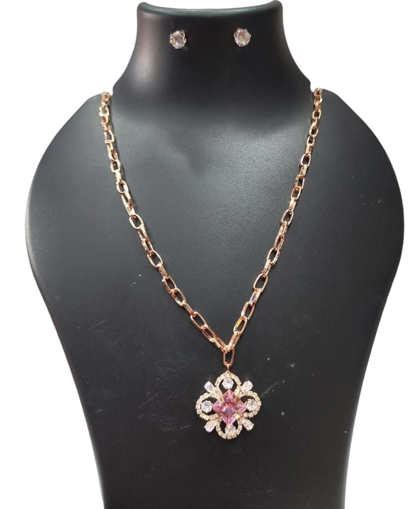 Rose Gold Plated Floral Pendant Set with Chain and Earrings for Women