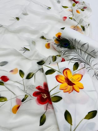 Pure Cotton Unstitched Suit With Chiffon Dupatta-As shown in picture / 2.5 mtr each / Pure cotton with chiffon dupatta