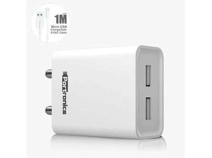 Portronics Adapto 66 2.4A 12w Dual USB Port 5V/2.4A Wall Charger,Comes with 1M Micro USB Cable, USB Wall Charger Adapter for iPhone  - White