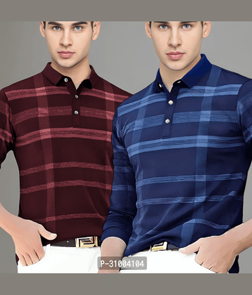LAMATE Pack of 2 Cotton Blend Regular Fit Checks Full Sleeves Men's Polo T Shirt ( Red )