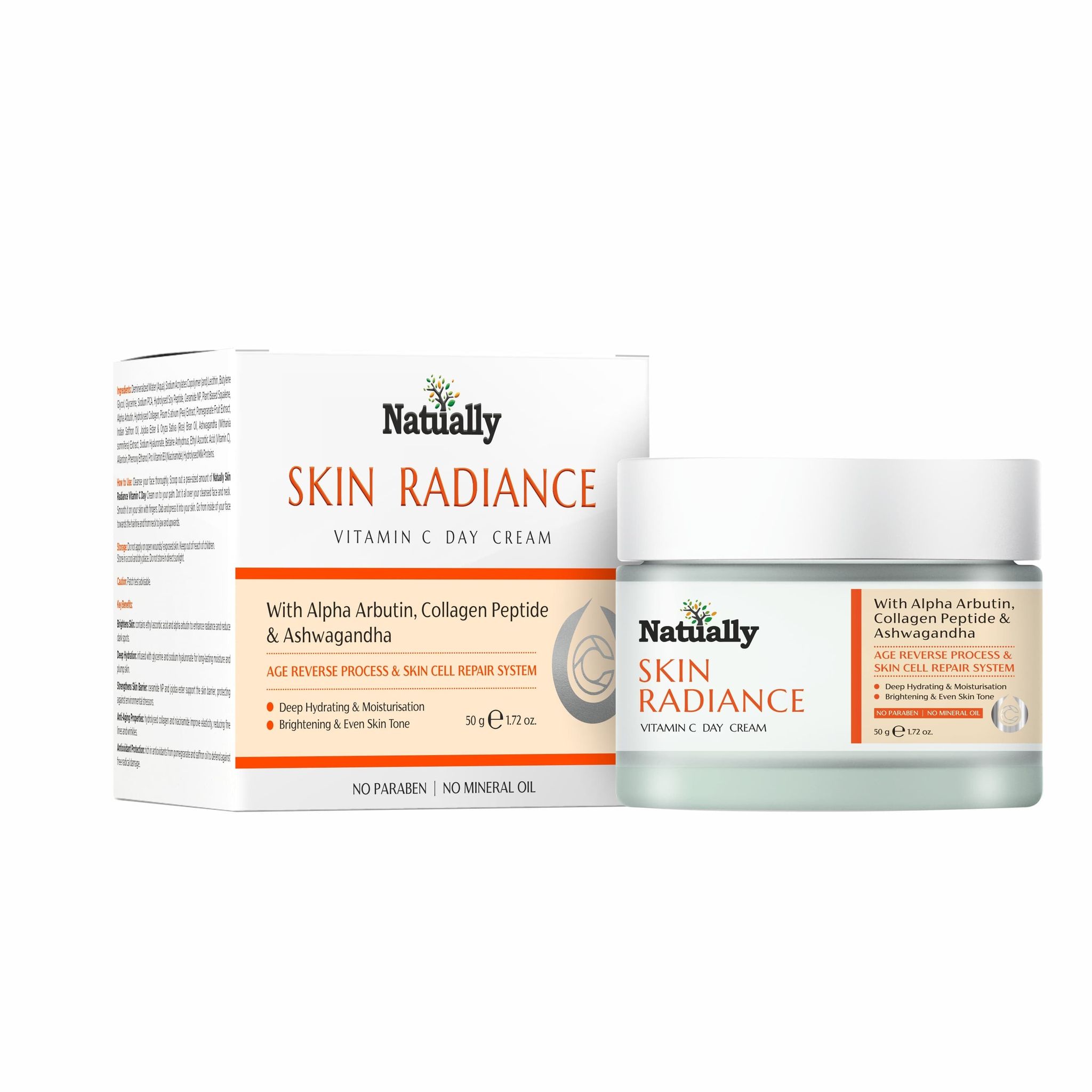 NATUALLY Skin Radiance Vitamin C Day Cream | With Alpha Arbutin, Collagen Peptide, Ashwagandha | Deep Hydrating & Moisturisation | Brightening & Even Skin Tone | 50gm
