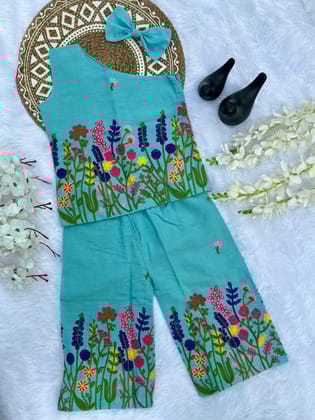 Super Hit Chain Work on Khadi Cotton Fabric Kids Cord-Set-Sky / 0-6 Month