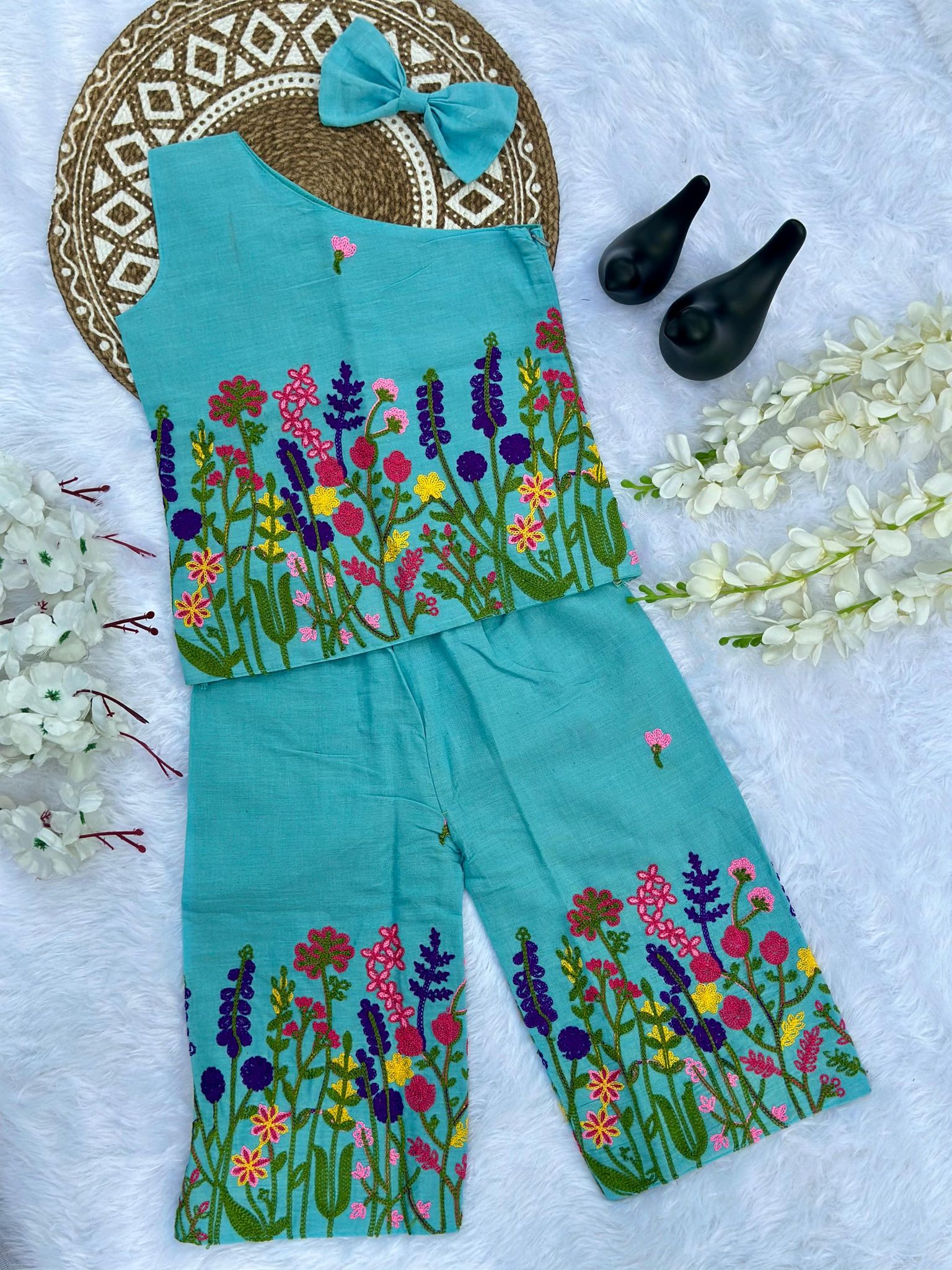Super Hit Chain Work on Khadi Cotton Fabric Kids Cord-Set-Sky / 0-6 Month
