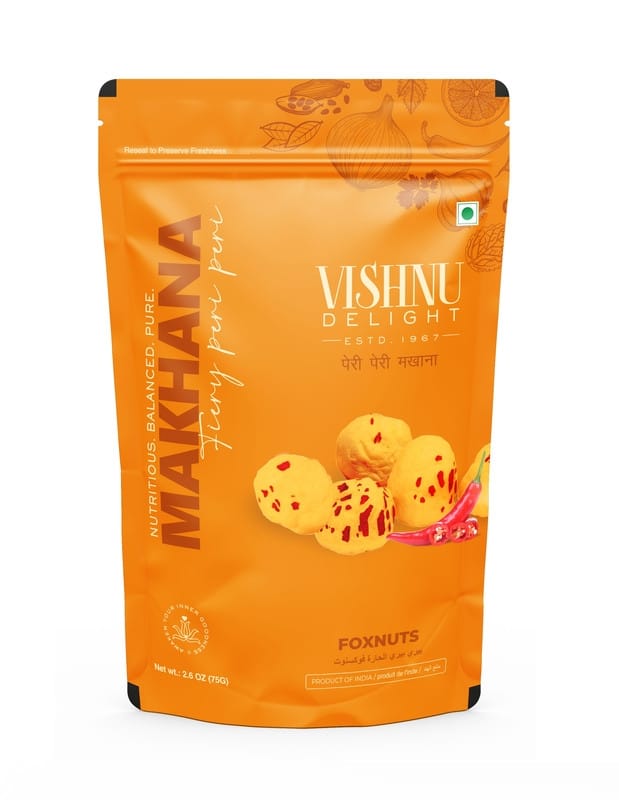 Vishnu Delight Organic Roasted Makhana, Fiery Peri Peri Flavor, Pouch 60g- Crunchy, Deliciously, and  Full of Flavorful Indian Spices