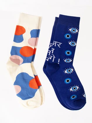 Thela Gaadi Evil Eye & Abstract Pattern Crew Socks (Pack of 2 Pairs)