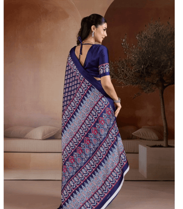 womens satin crepe printed saree with unstitched blouse 5mtr navy blue pid65070