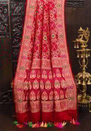 Red Authentic Hand Meenakari Bandhej Banarasi Silk Georgette Saree with Floral Zari Border and Pallu  | SILK MARKED CERTIFIED