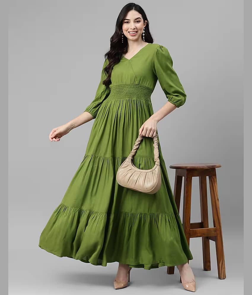 Femvy Women Crepe Solid Fit & Flare Dress ( Olive )