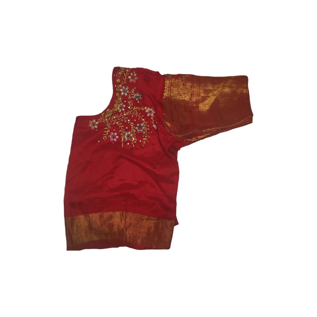 Red Hand Embroidered Peacock Blouse With Zari Work