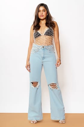 Blue Light Distressed Wide Jeans 28