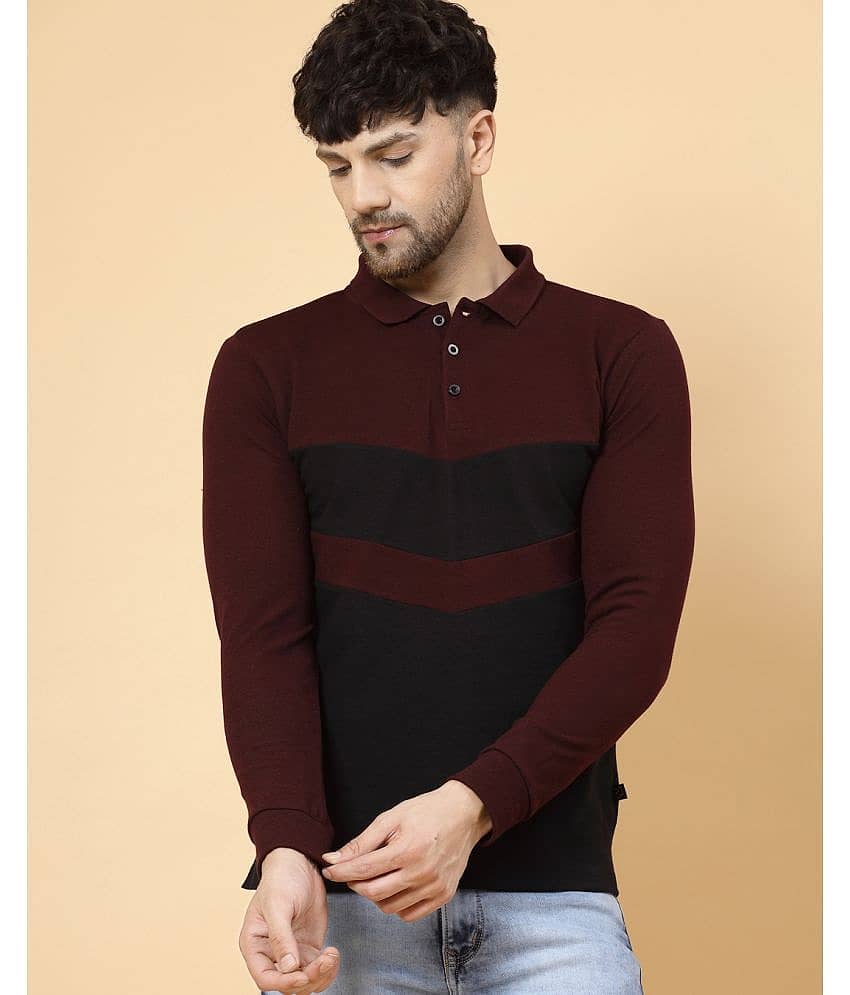 Rigo Pack of 1 Cotton Slim Fit Colorblock Full Sleeves Men's Polo T Shirt ( Wine )