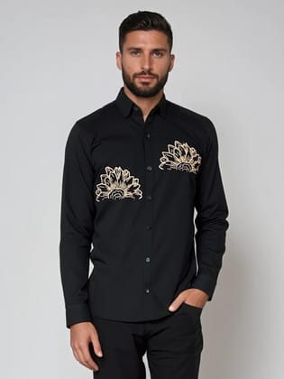 Black Floral Embroidered Casual Shirt-BLACK / S