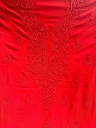 Modal Unstitched Kurti Fabric - Red-Red / Modal / Thread Work
