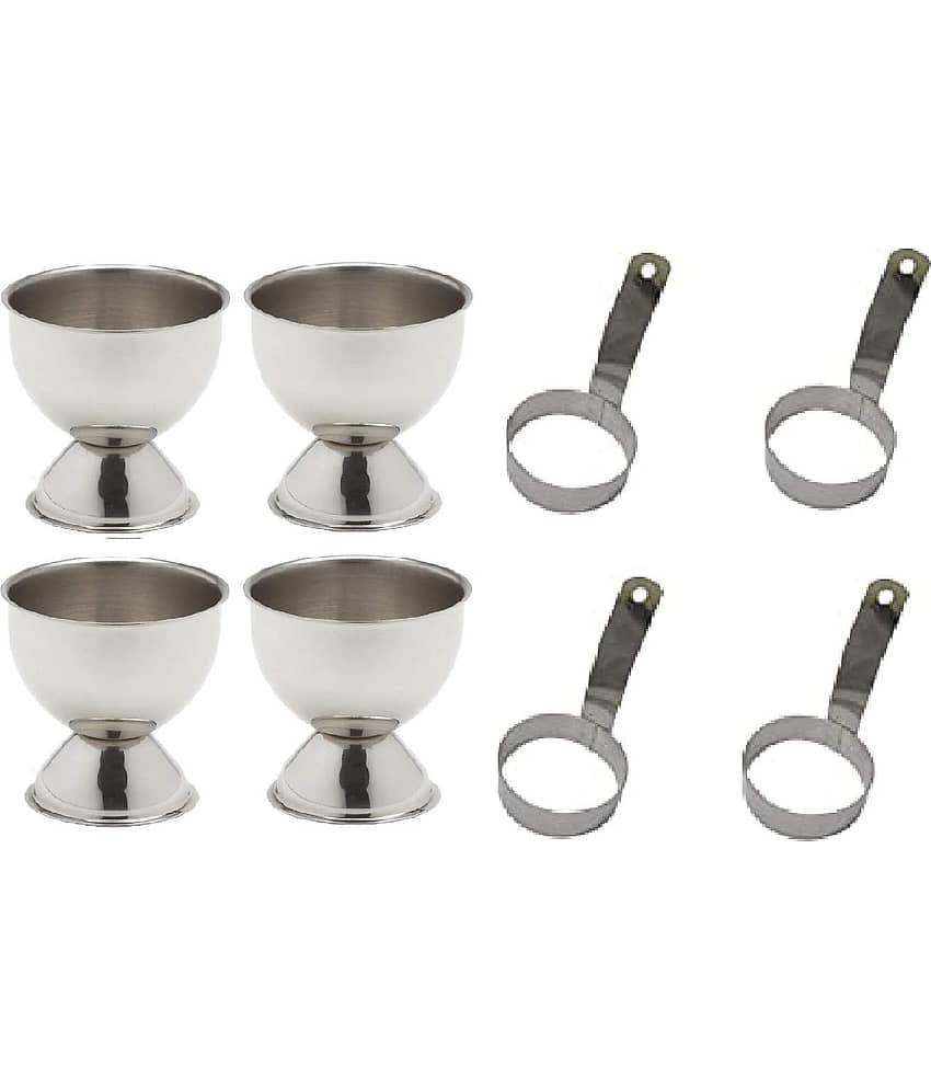 Stainless Steel Set of 4 Round Egg Ring with Handle and 4 egg cup