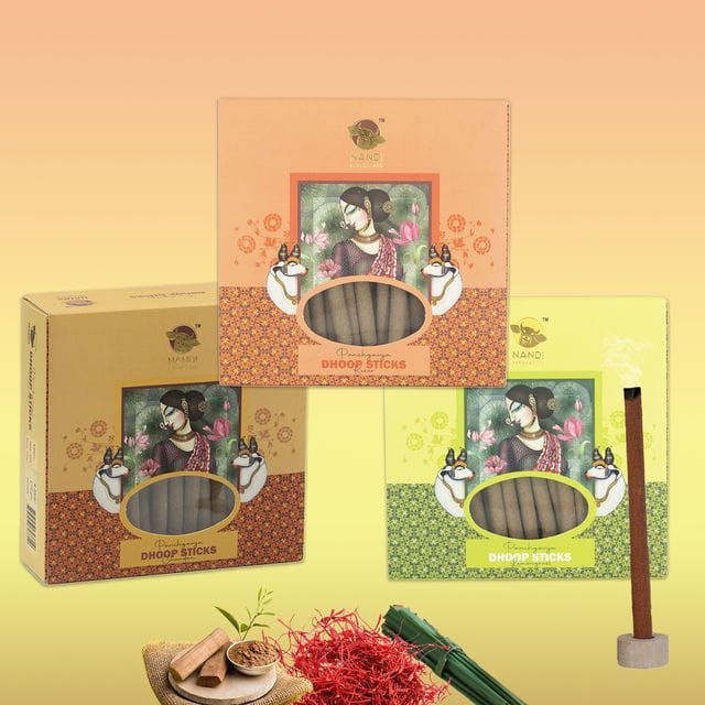 Nandi Panchgavya 100 Percent Cow Dung Dhoop Sticks for Pooja (Chandan, Kesar, Lemongrass Fragrance -Pack of 3,150 Sticks)