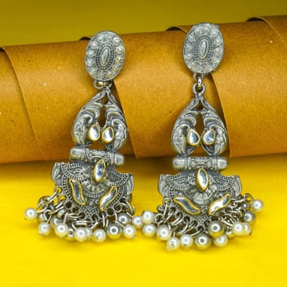 Oxidized Silver Earrings with Pearls and Kundan Stones For Girls Women