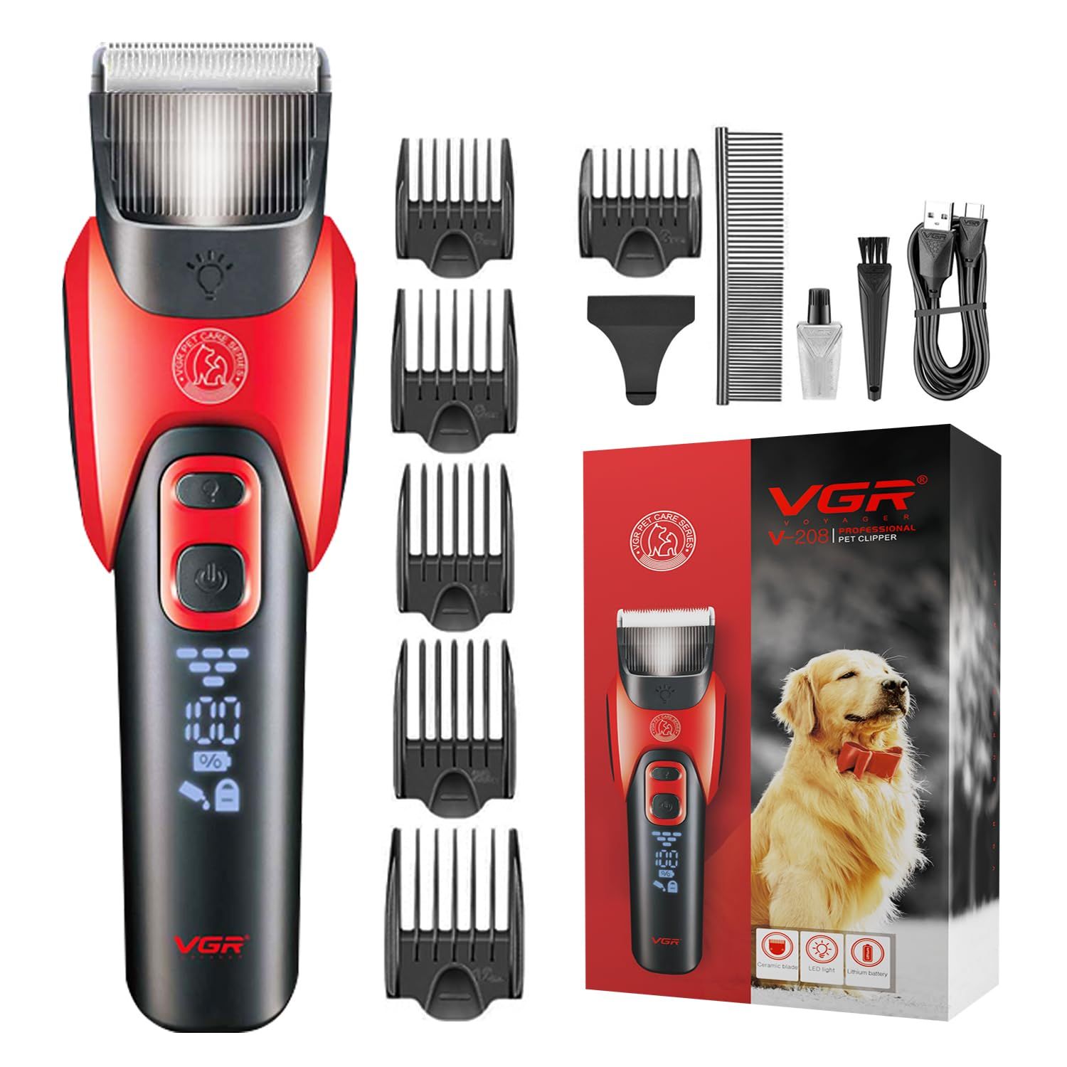 VGR V-208 Professional Pet Clipper for Dogs, Cats & All Animals, 2000mAh Battery, LED Display, Ceramic Blades, Powerful Motor, 6 Guide Combs, 180mins Runtime, Travel Lock (Red) VGR V-208 Professional Pet Clipper for Dogs, Cats & All Animals, 2000mAh Batt