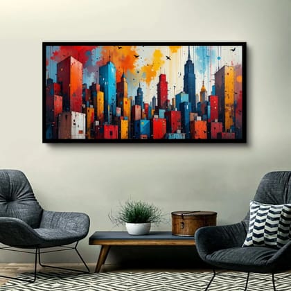 Luminary Metropolis Burst – Vibrant Urban Skyline Museum-Quality Cotton Canvas Art for Modern Living Room Décor | Frame Size (127 X 69 Cm) | Frame Type (Black) | 5-Year Warranty